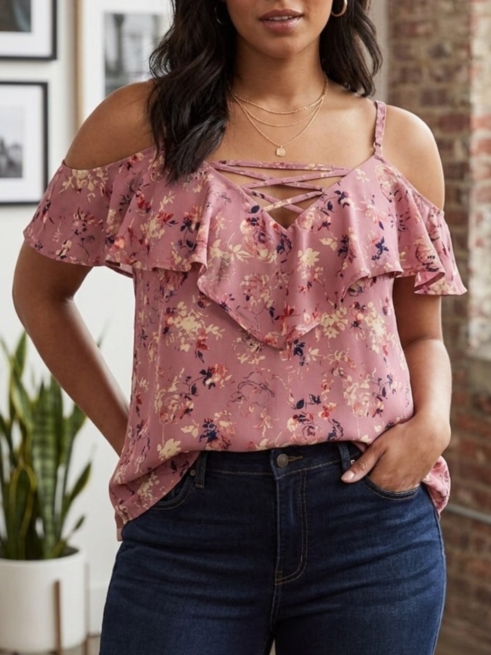 Torrid Dusty Rose Floral Cold-Shoulder Ruffle Cami